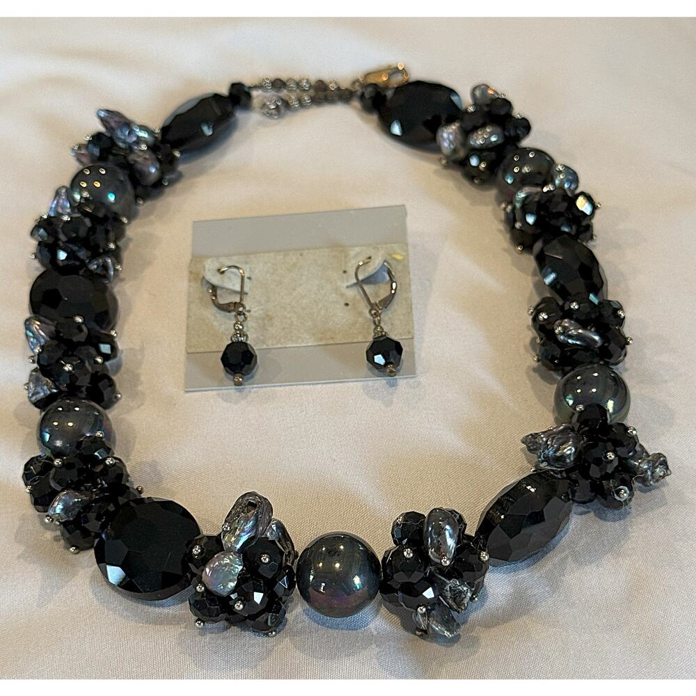 Murano Glass Bead Necklace & Earrings Black & Iridescent Diamond Cut Beads